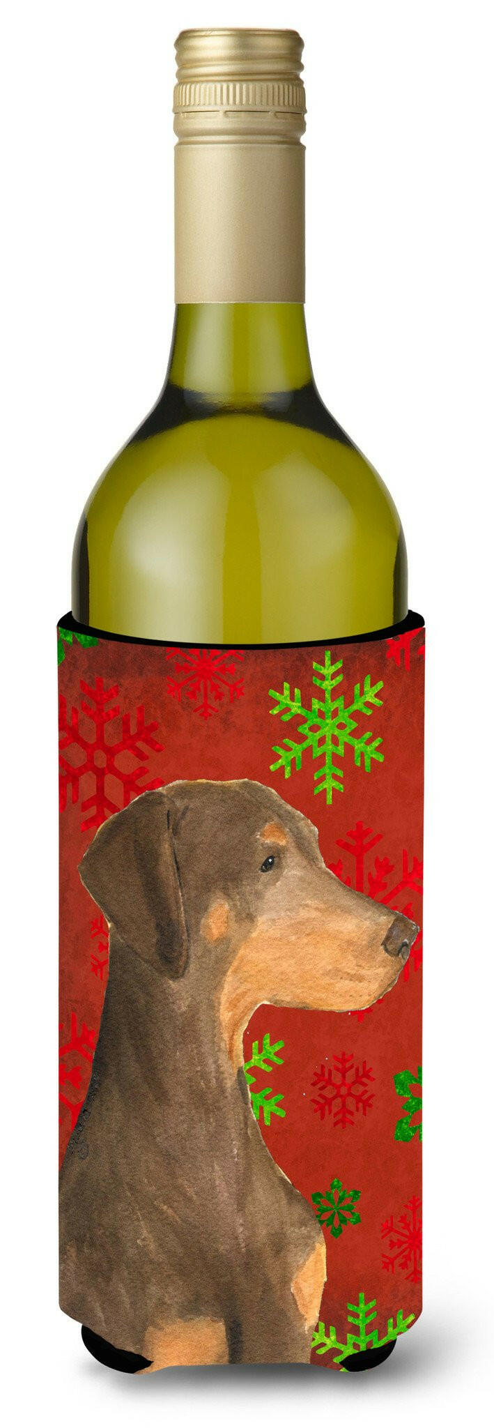 Doberman  Snowflakes Holiday Christmas Wine Bottle Beverage Insulator Beverage Insulator Hugger by Caroline&#39;s Treasures