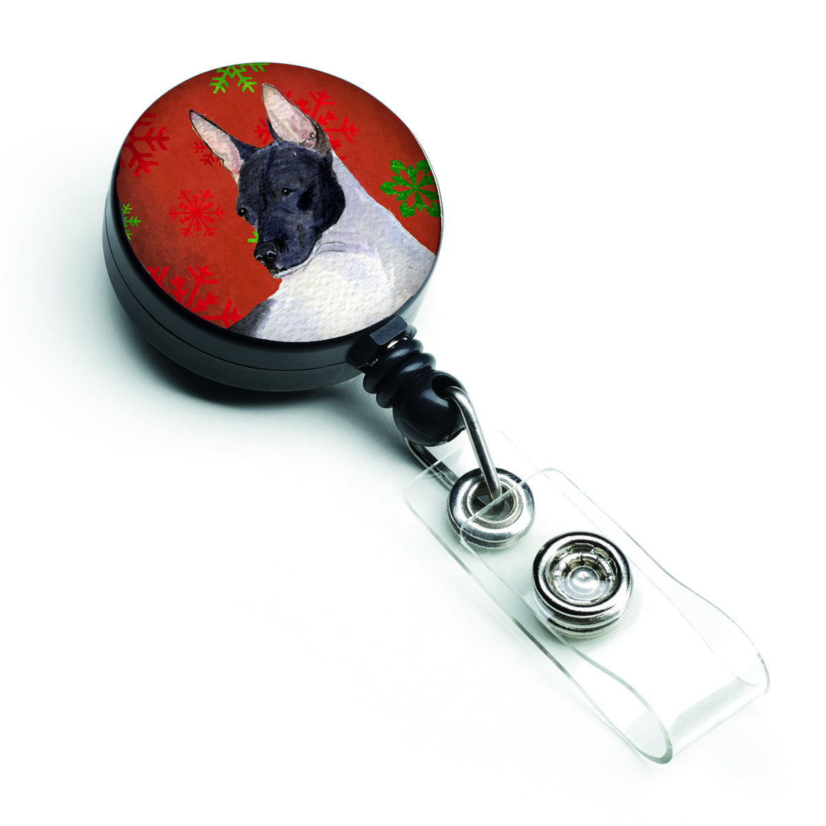 Rat Terrier rouge et vert flocons de neige vacances Noël rétractable badge bobine SS4687BR