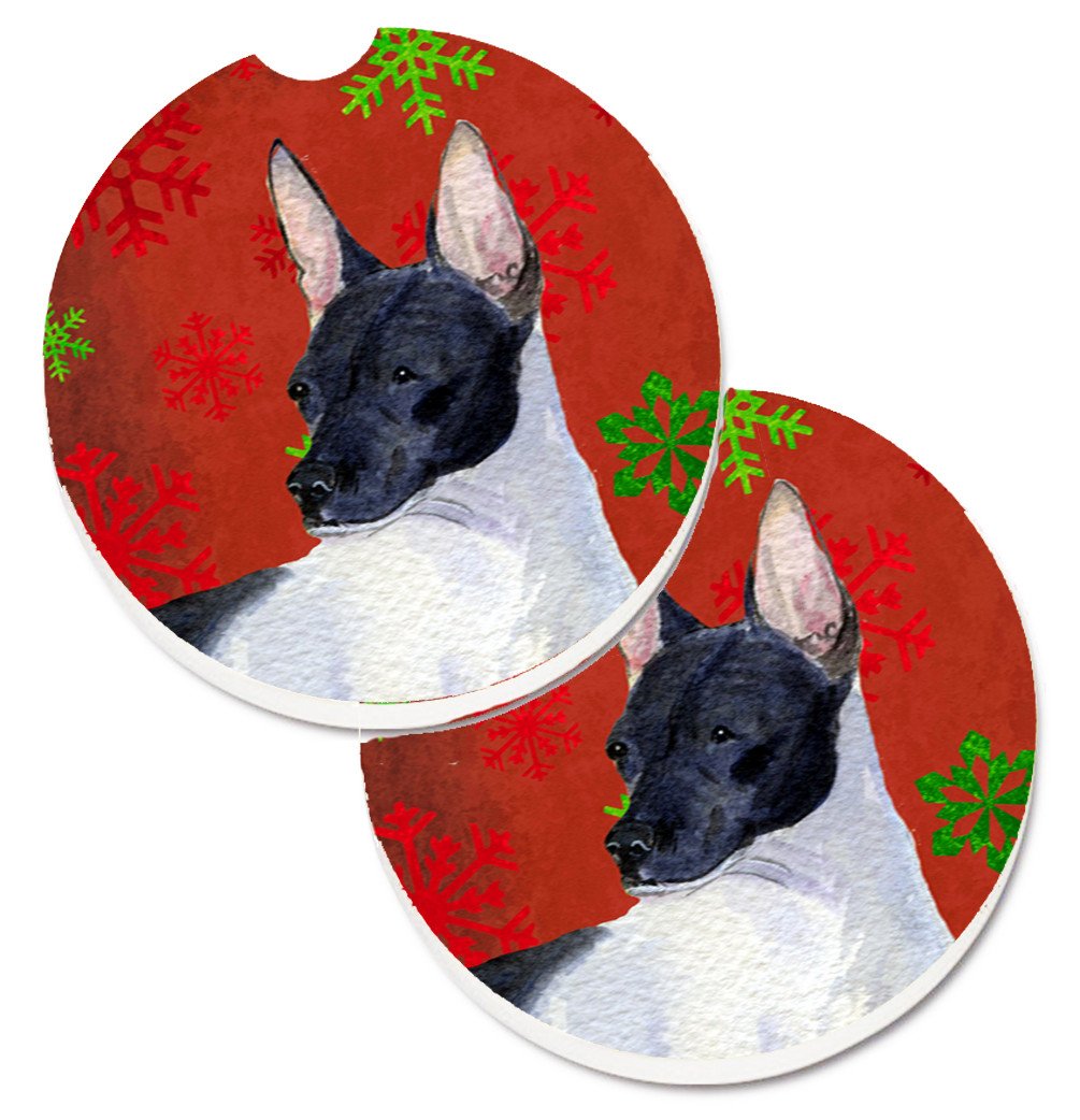 Rat Terrier Red and Green Snowflakes Holiday Christmas Set of 2 Cup Holder Car Coasters SS4687CARC by Caroline&#39;s Treasures