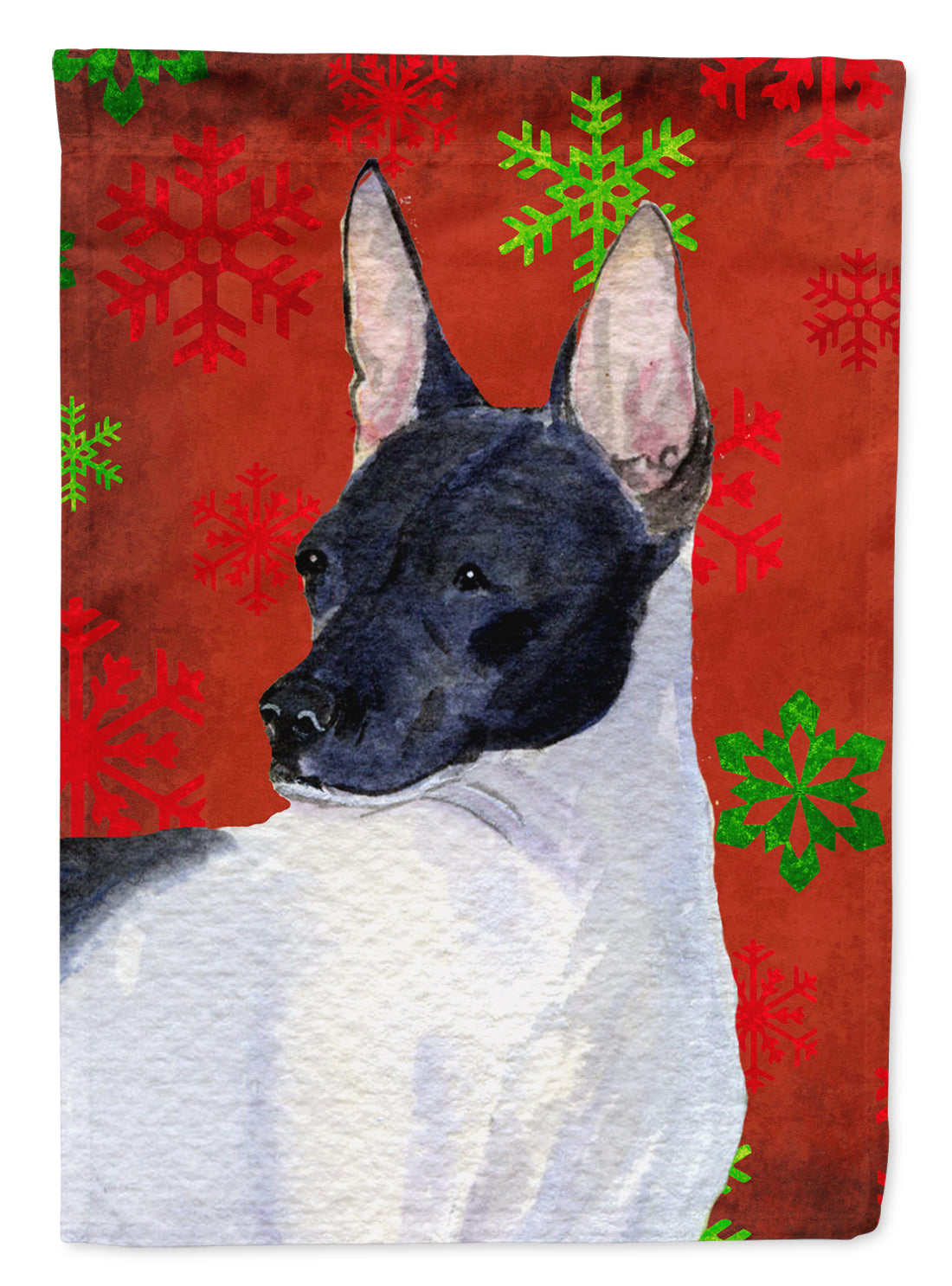 Rat Terrier Red and Green Snowflakes Holiday Christmas Flag Canvas House Size  the-store.com.