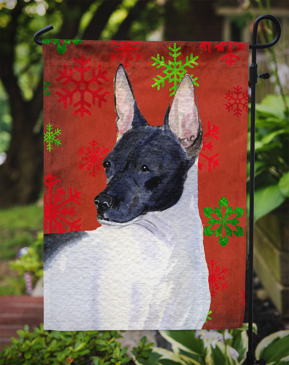 Rat Terrier Red and Green Snowflakes Holiday Christmas Flag Garden Size.