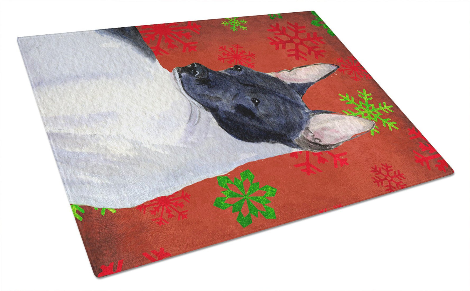 Rat Terrier Red and Green Snowflakes Christmas Glass Cutting Board Large by Caroline's Treasures