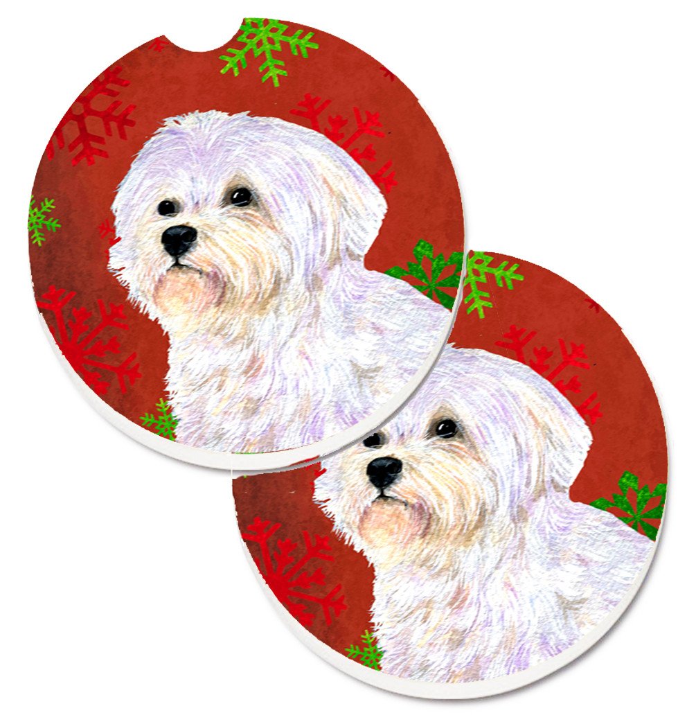 Maltese Red and Green Snowflakes Holiday Christmas Set of 2 Cup Holder Car Coasters SS4688CARC by Caroline&#39;s Treasures