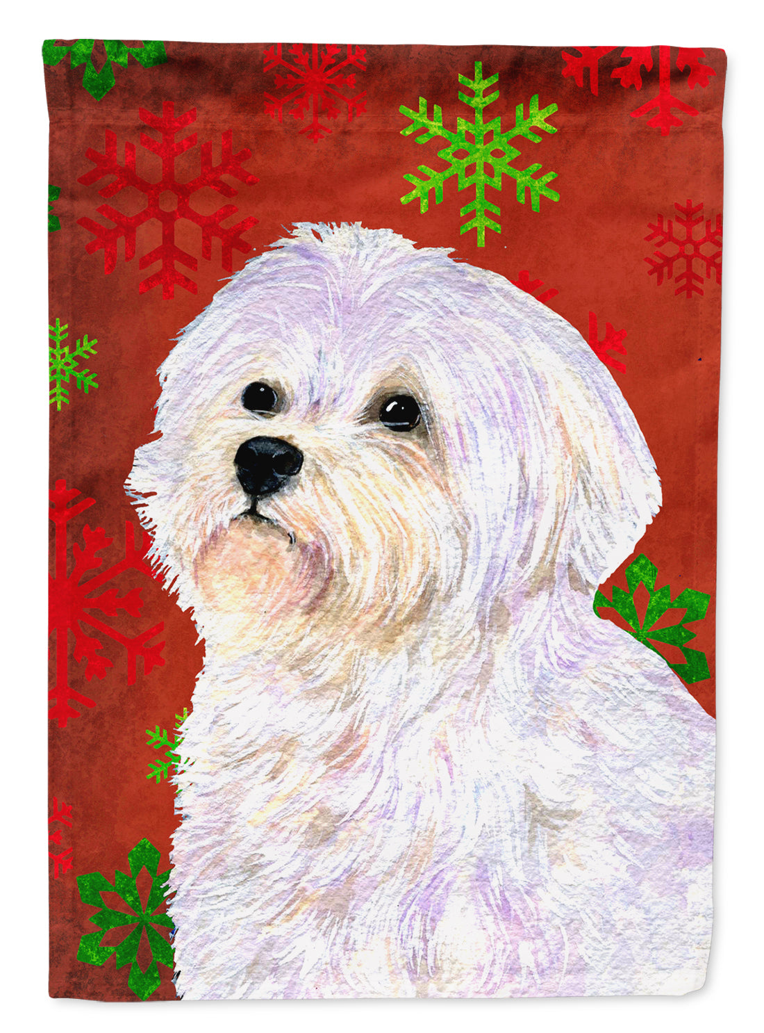 Maltese Red and Green Snowflakes Holiday Christmas Flag Canvas House Size  the-store.com.