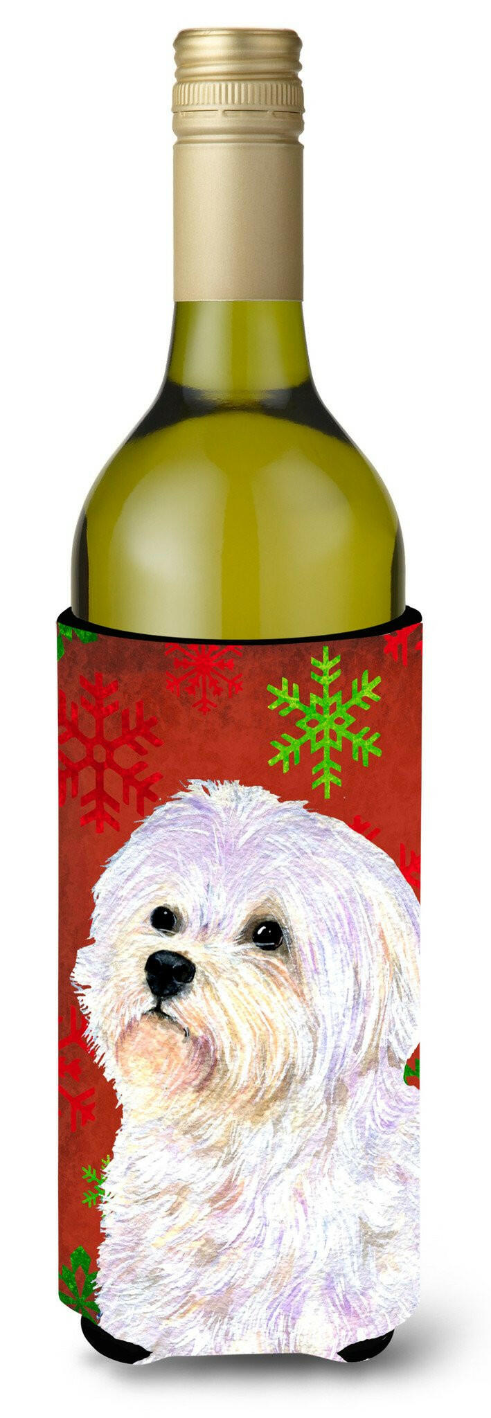 Maltese Red and Green Snowflakes Holiday Christmas Wine Bottle Beverage Insulator Beverage Insulator Hugger by Caroline&#39;s Treasures