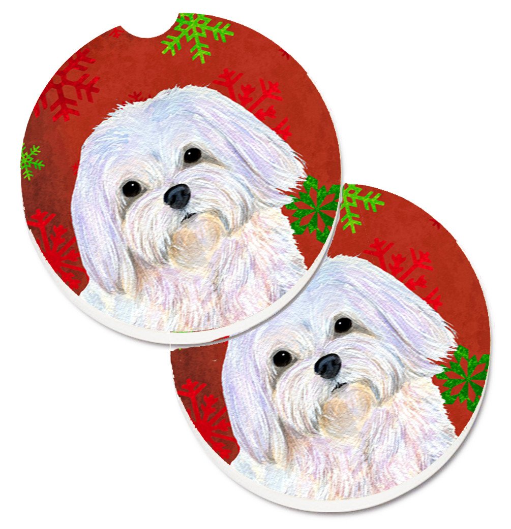 Maltese Red and Green Snowflakes Holiday Christmas Set of 2 Cup Holder Car Coasters SS4689CARC by Caroline&#39;s Treasures