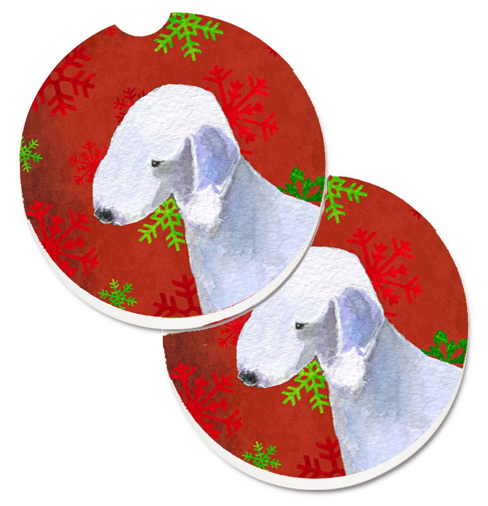 Bedlington Terrier Red and Green Snowflakes Holiday Christmas Set of 2 Cup Holder Car Coasters SS4690CARC by Caroline&#39;s Treasures
