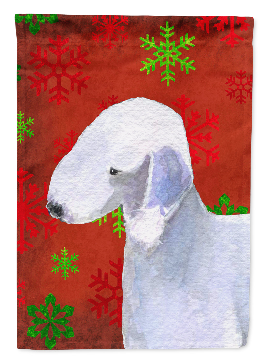Bedlington Terrier Red and Green Snowflakes Holiday Christmas Flag Garden Size