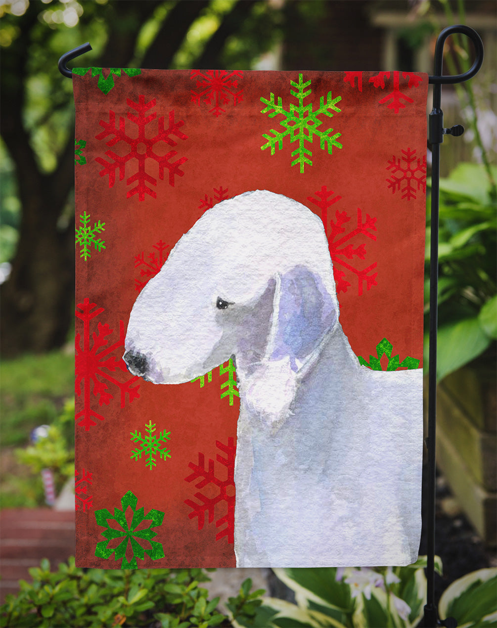 Bedlington Terrier Red and Green Snowflakes Holiday Christmas Flag Garden Size.