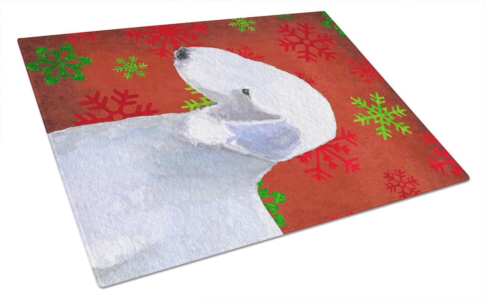 Bedlington Terrier Red and Green Snowflakes Christmas Glass Cutting Board Large by Caroline's Treasures