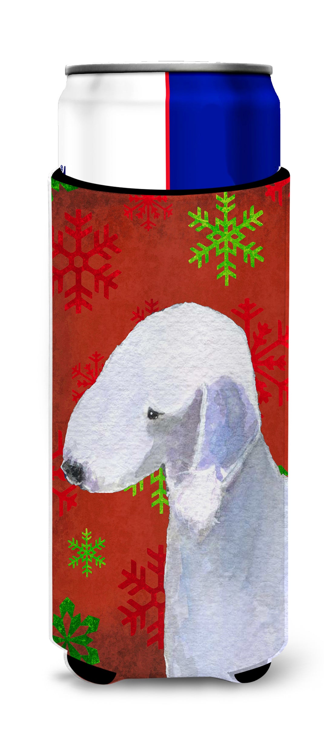 Bedlington Terrier Red and Green Snowflakes Holiday Christmas Ultra Beverage Insulators for slim cans SS4690MUK.
