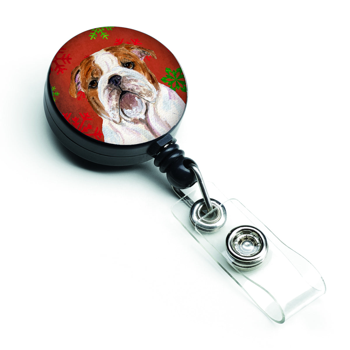 Bulldog English Red and Green Snowflakes Holiday Christmas Retractable Badge Reel SS4691BR  the-store.com.