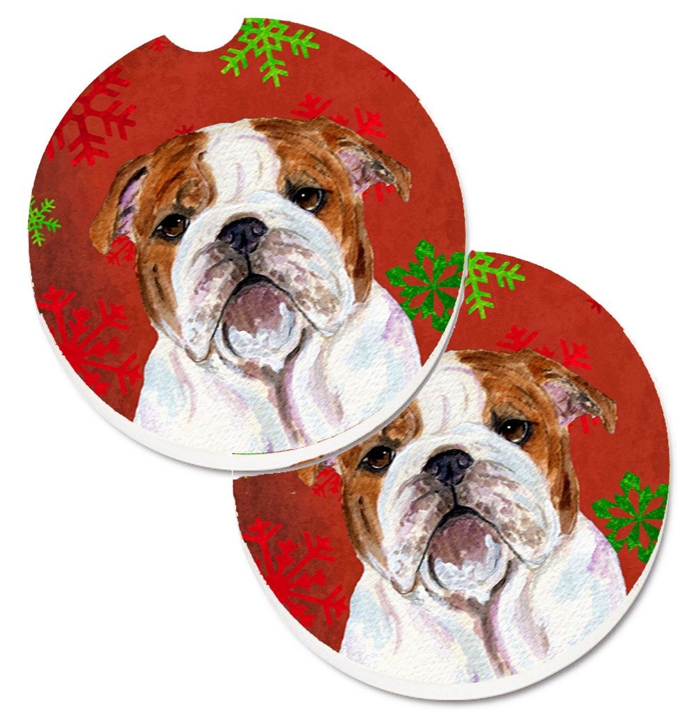 Bulldog English Red and Green Snowflakes Holiday Christmas Set of 2 Cup Holder Car Coasters SS4691CARC by Caroline&#39;s Treasures