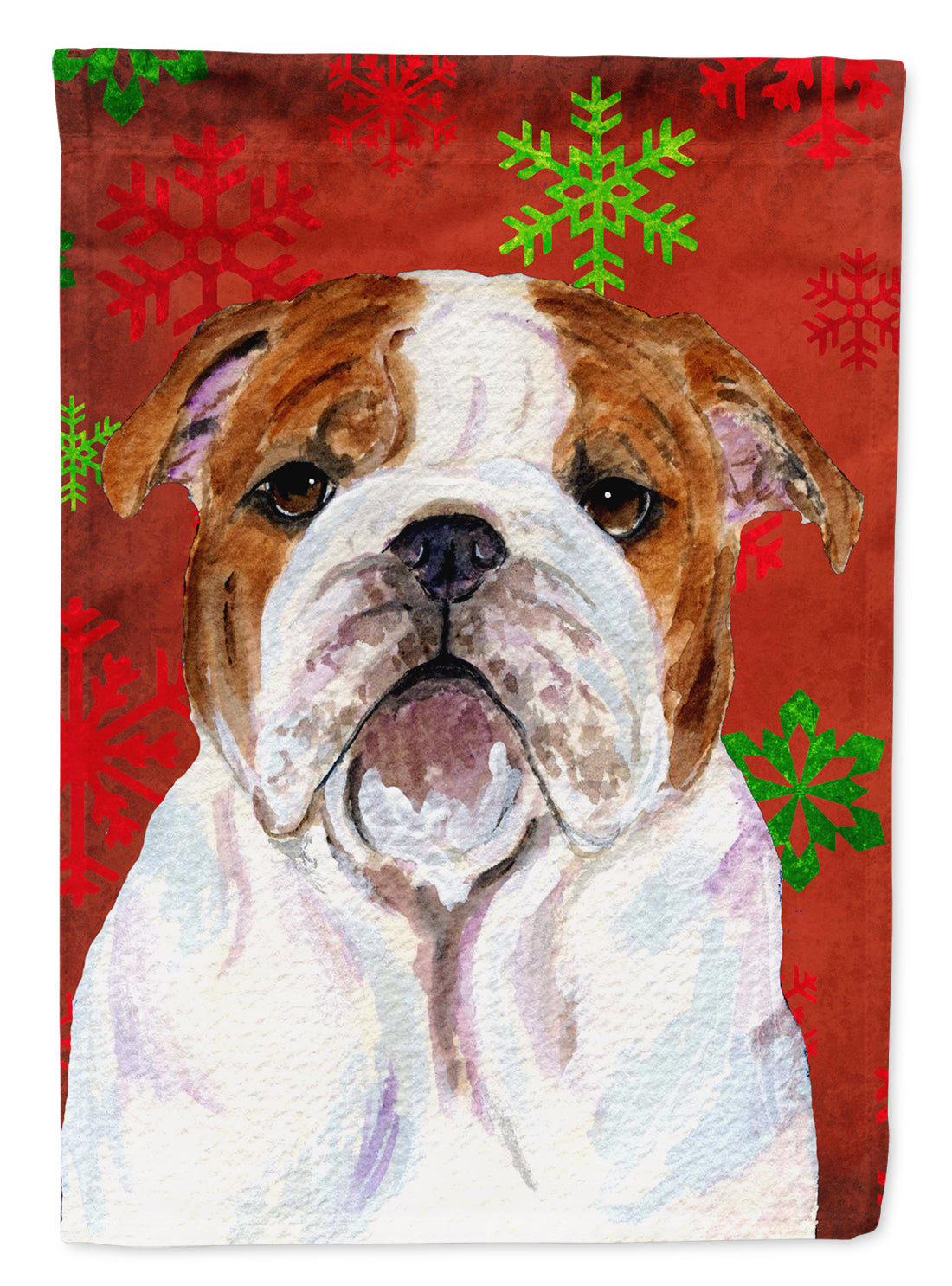Bulldog anglais rouge et vert flocons de neige vacances drapeau de Noël taille de jardin