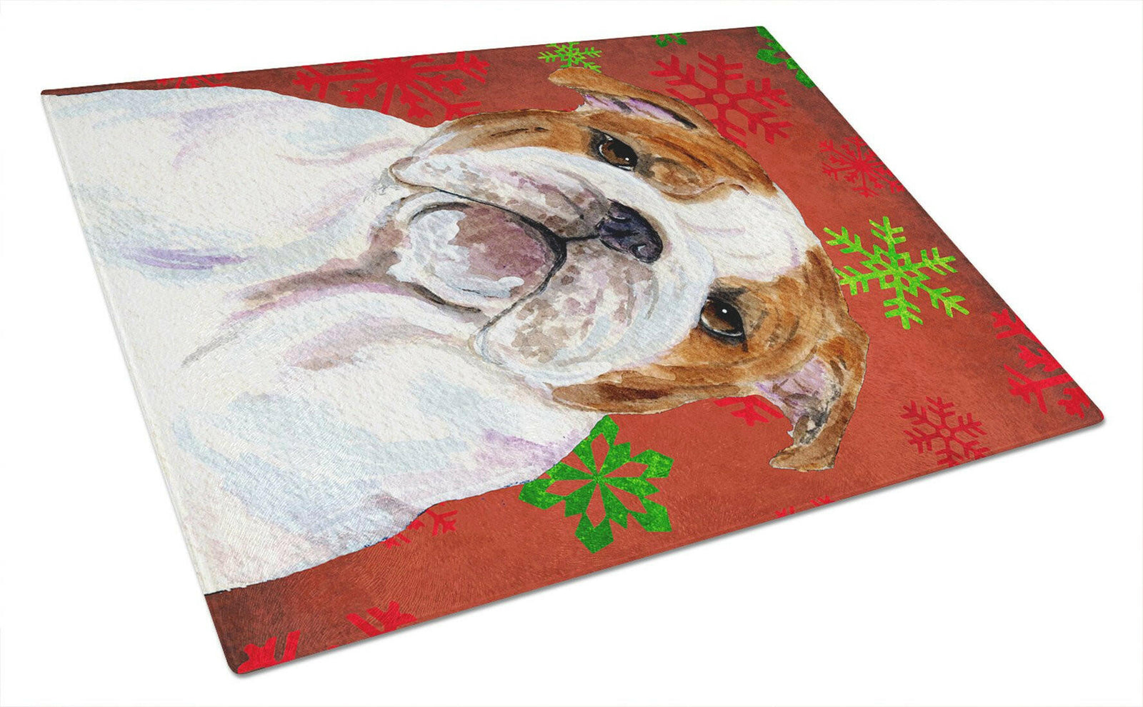 Bulldog English Red and Green Snowflakes Christmas Glass Cutting Board Large by Caroline's Treasures