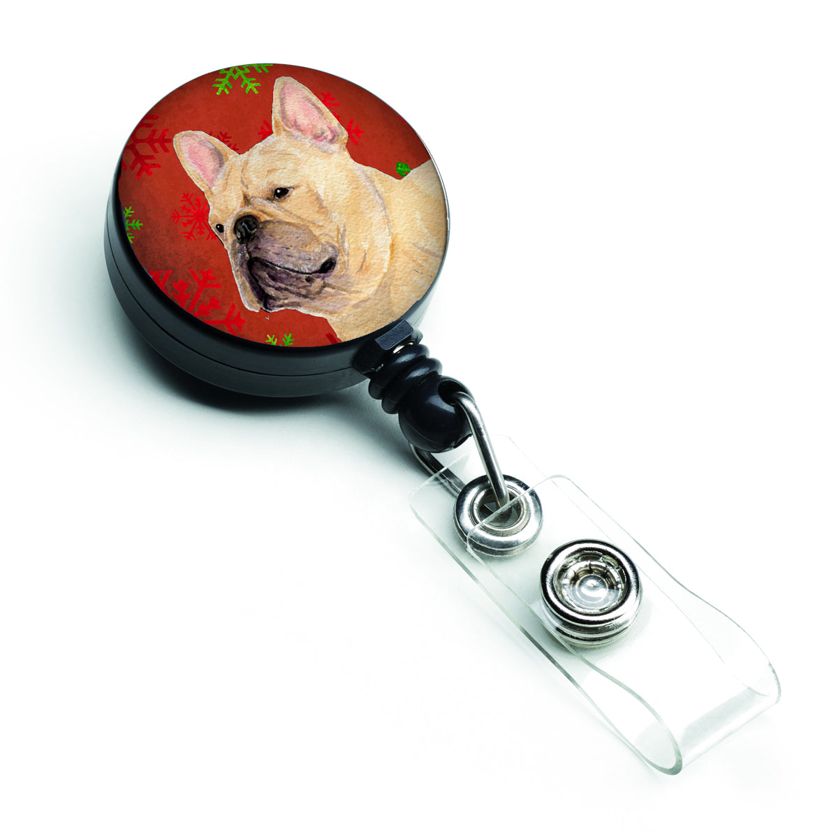 French Bulldog Red and Green Snowflakes Holiday Christmas Retractable Badge Reel SS4692BR