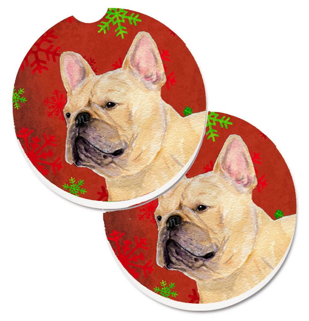 French Bulldog Red and Green Snowflakes Holiday Christmas Set of 2 Cup Holder Car Coasters SS4692CARC by Caroline&#39;s Treasures