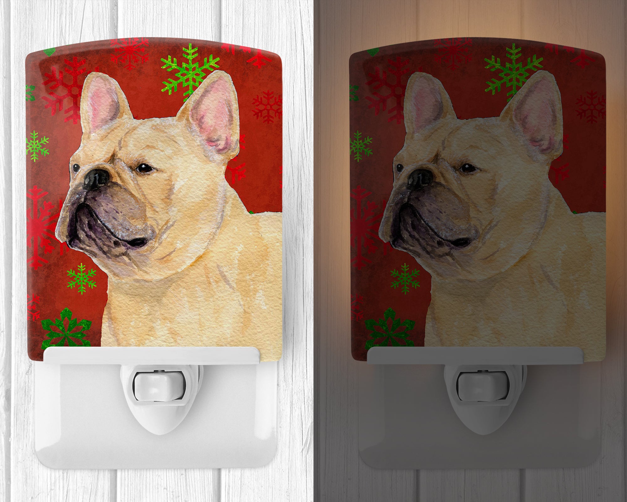 French Bulldog Red and Green Snowflakes Holiday Christmas Ceramic Night Light SS4692CNL - the-store.com