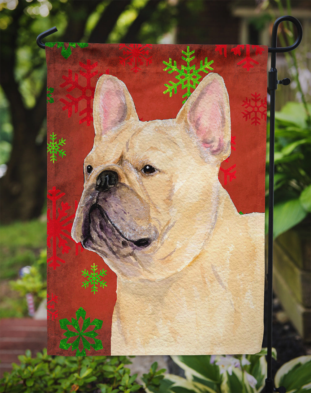 French Bulldog Red and Green Snowflakes Holiday Christmas Flag Garden Size.