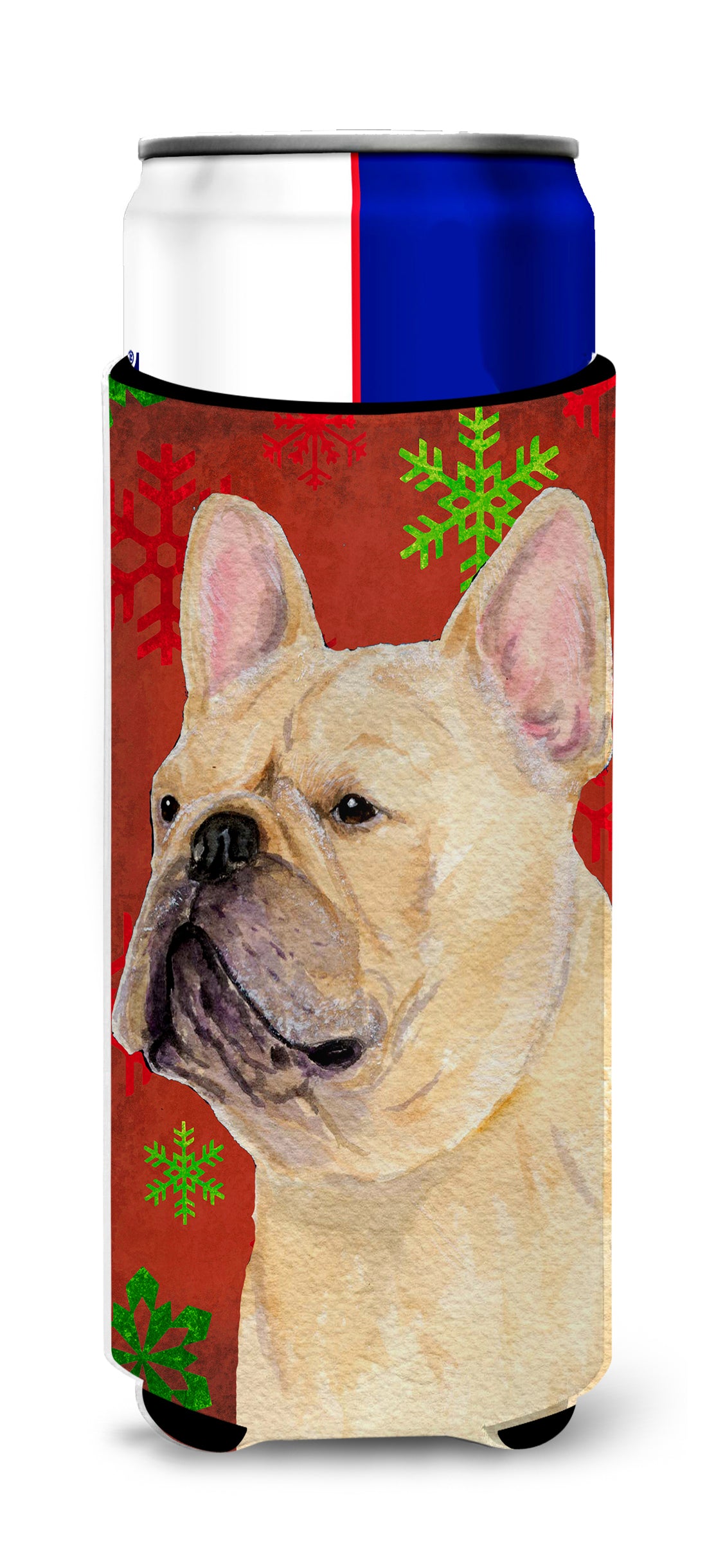 French Bulldog Red and Green Snowflakes Holiday Christmas Ultra Beverage Insulators for slim cans SS4692MUK.