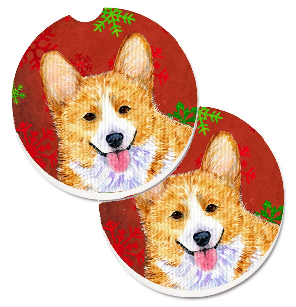 Corgi Red and Green Snowflakes Holiday Christmas Set of 2 Cup Holder Car Coasters SS4693CARC by Caroline&#39;s Treasures
