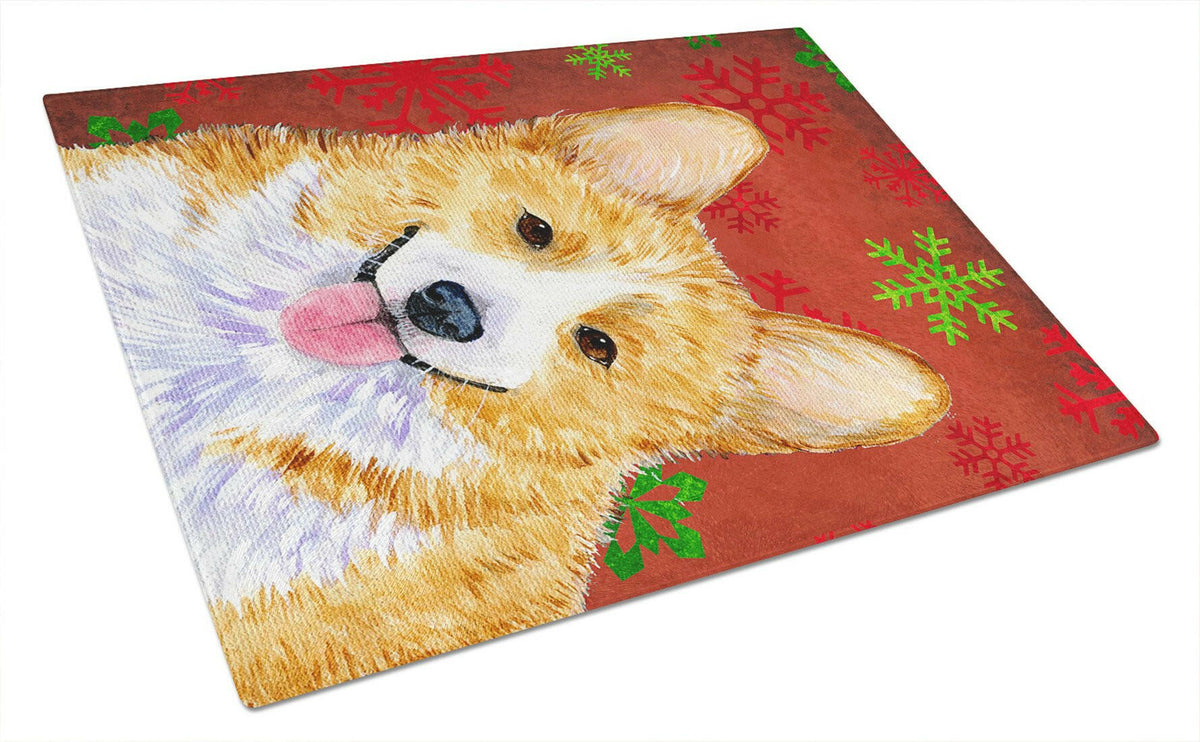 Corgi Red and Green Snowflakes Holiday Christmas Glass Cutting Board Large by Caroline&#39;s Treasures