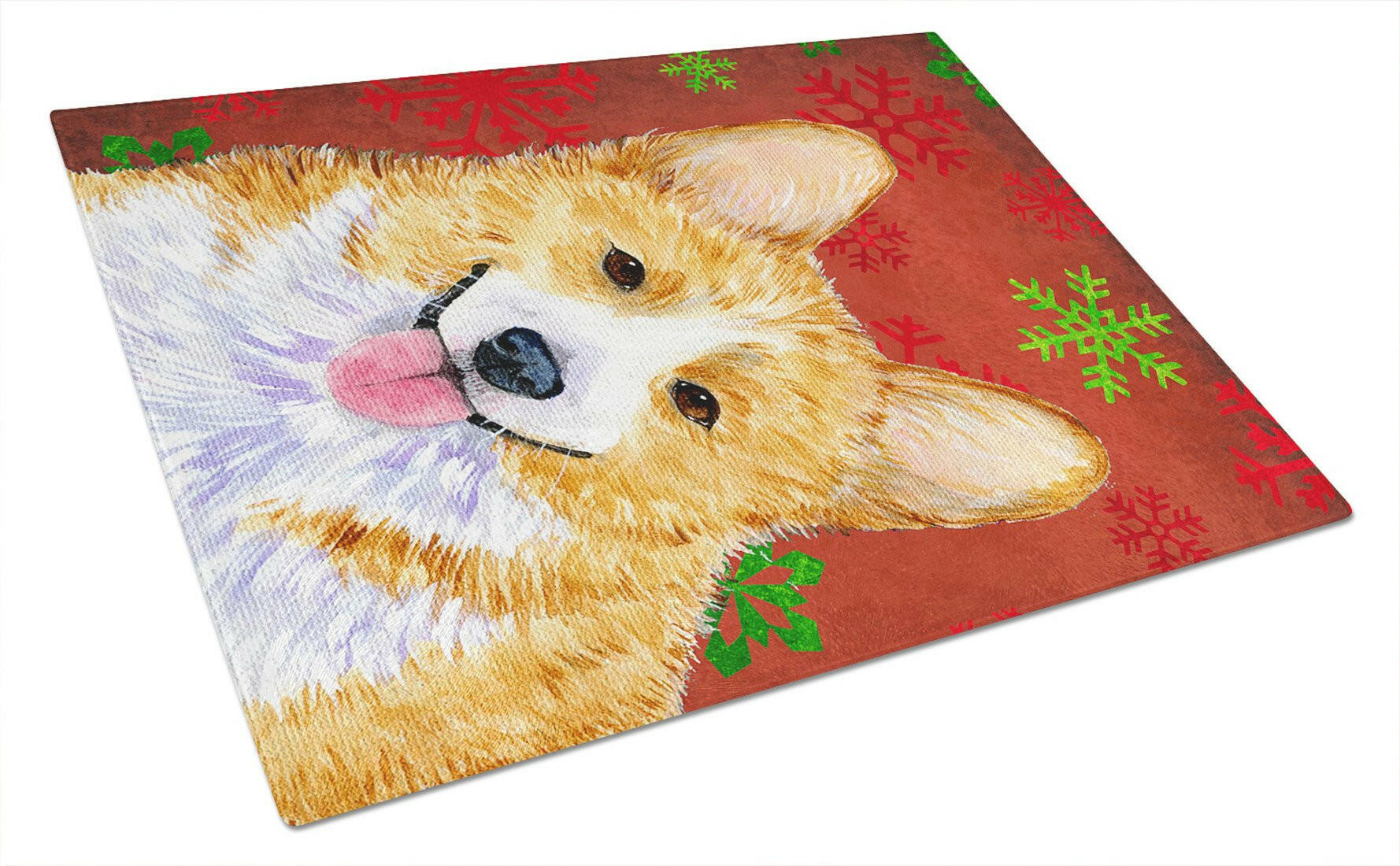 Corgi Red and Green Snowflakes Holiday Christmas Glass Cutting Board Large by Caroline's Treasures