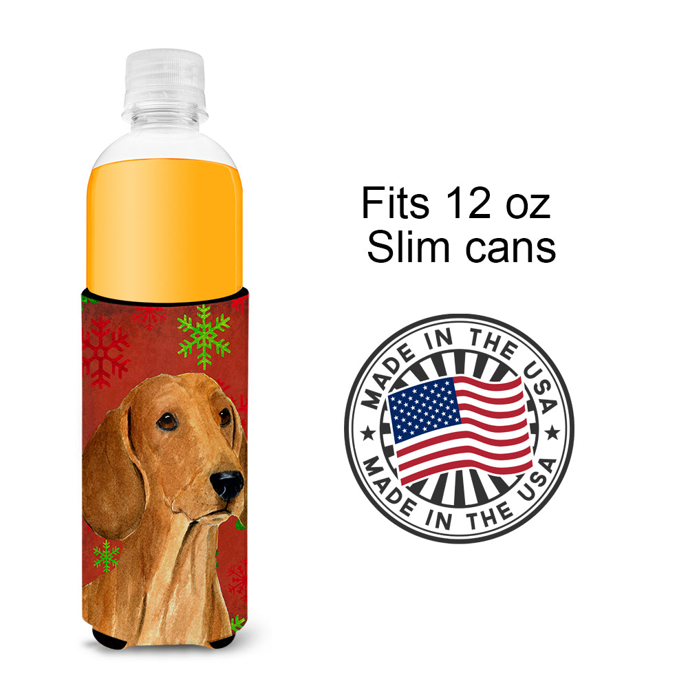 Dachshund Red and Green Snowflakes Holiday Christmas Ultra Beverage Insulators for slim cans SS4694MUK.