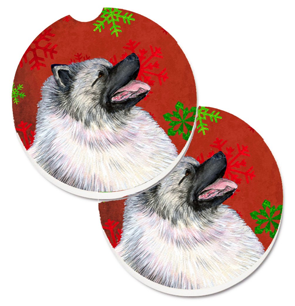 Keeshond Red and Green Snowflakes Holiday Christmas Set of 2 Cup Holder Car Coasters SS4695CARC by Caroline&#39;s Treasures