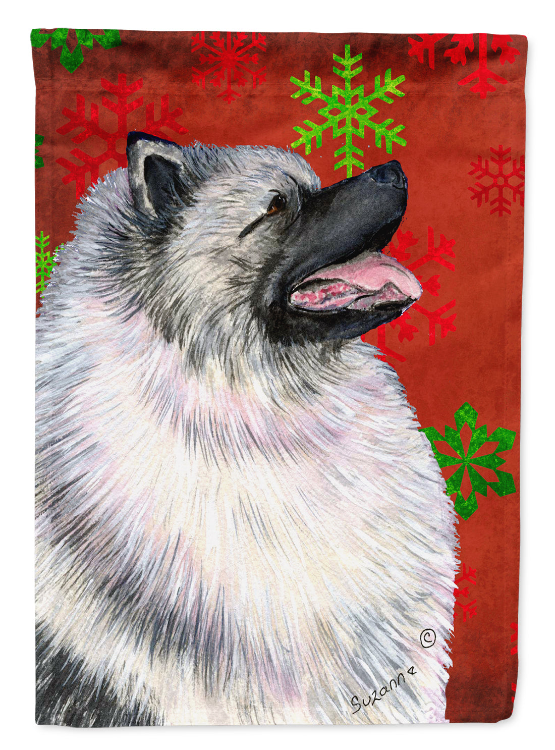 Keeshond Red and Green Snowflakes Holiday Christmas Flag Canvas House Size