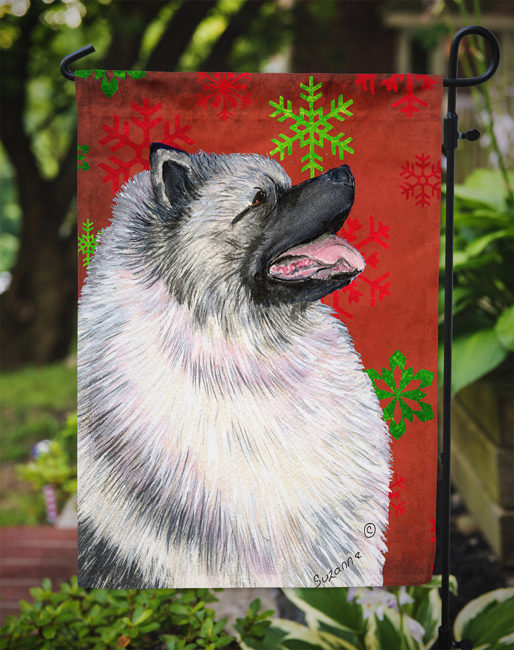 Keeshond Red and Green Snowflakes Holiday Christmas Flag Garden Size.