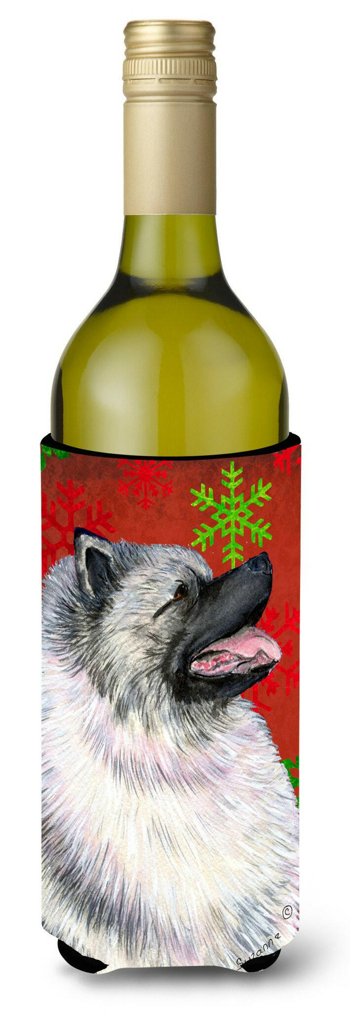 Keeshond Red and Green Snowflakes Holiday Christmas Wine Bottle Beverage Insulator Beverage Insulator Hugger by Caroline&#39;s Treasures