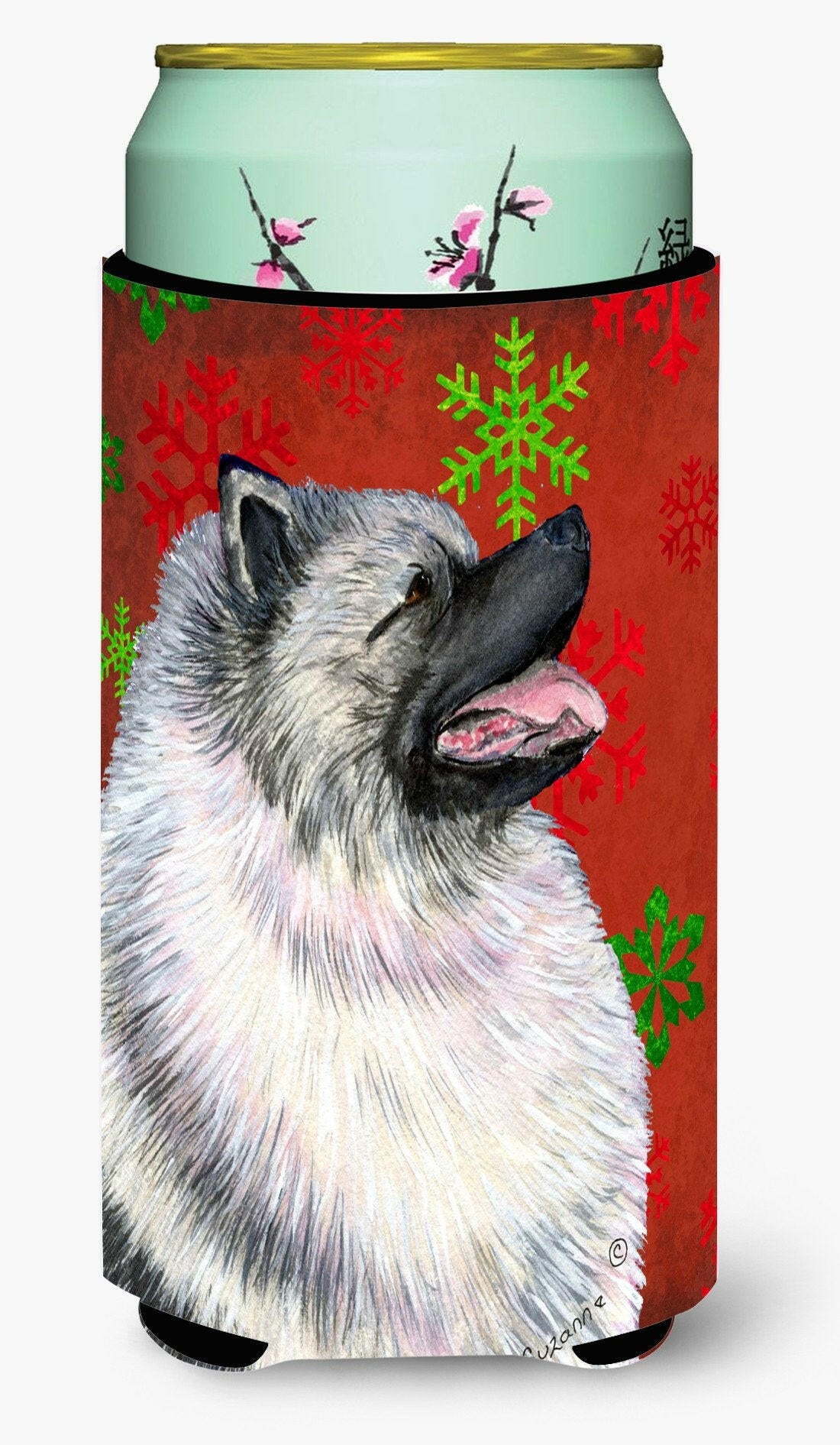 Keeshond Red and Green Snowflakes Holiday Christmas  Tall Boy Beverage Insulator Beverage Insulator Hugger by Caroline&#39;s Treasures