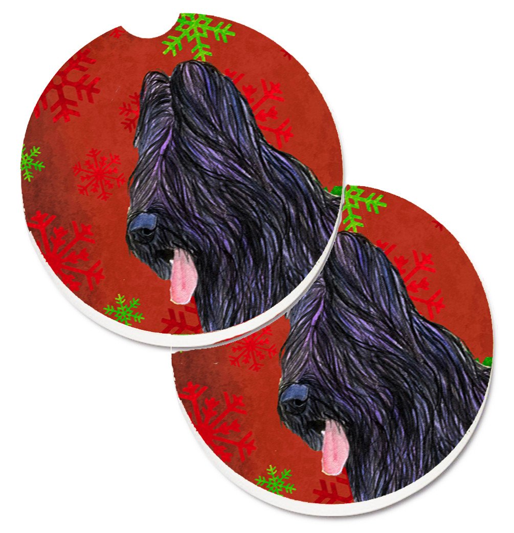 Briard Red and Green Snowflakes Holiday Christmas Set of 2 Cup Holder Car Coasters SS4696CARC by Caroline&#39;s Treasures