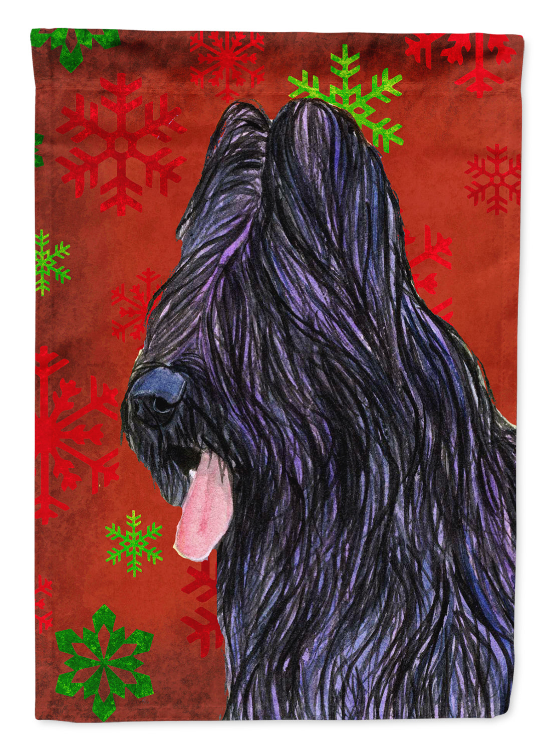 Briard Red and Green Snowflakes Holiday Christmas Flag Garden Size.