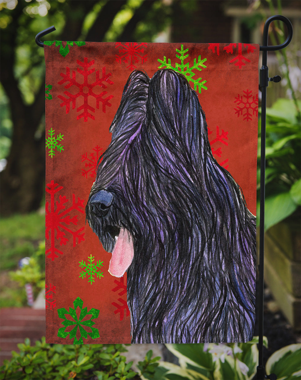 Briard Red and Green Snowflakes Holiday Christmas Flag Garden Size