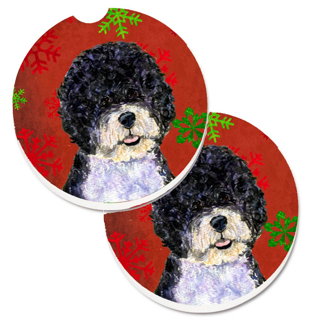 Portuguese Water Dog Red Green Snowflake Christmas Set of 2 Cup Holder Car Coasters SS4697CARC by Caroline&#39;s Treasures