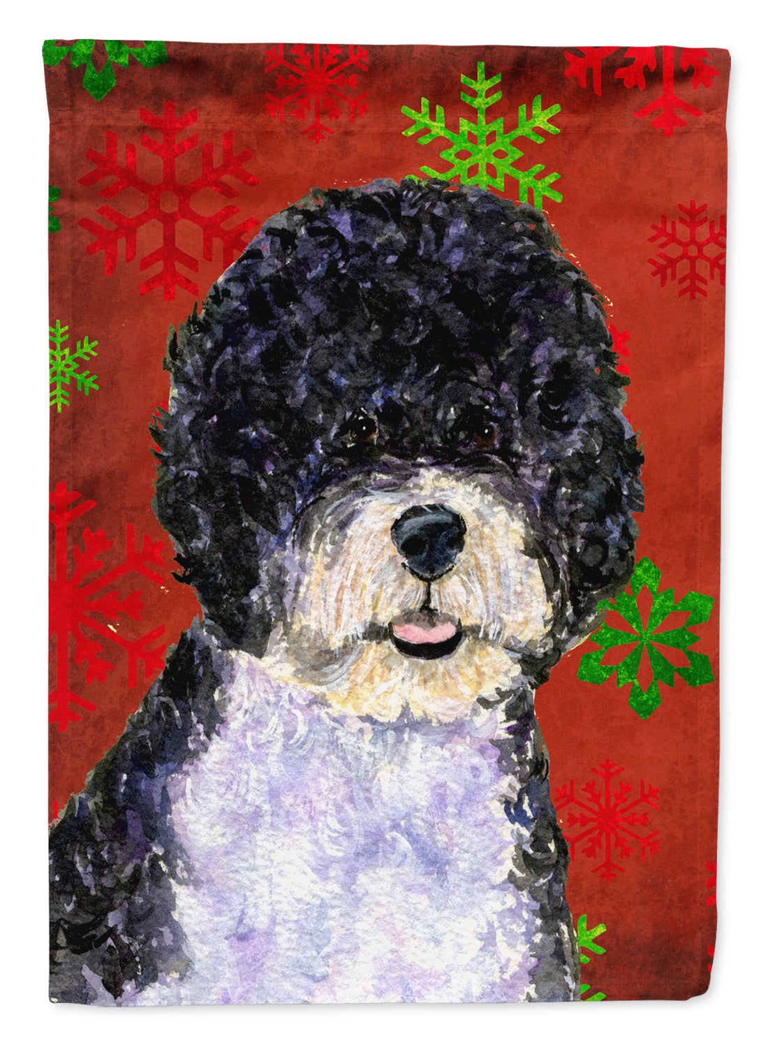 Portuguese Water Dog Red Snowflakes Holiday Christmas Flag Canvas House Size  the-store.com.