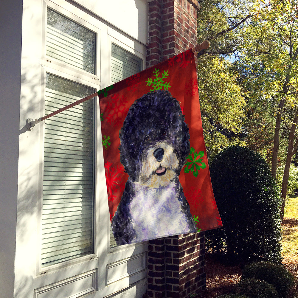 Portuguese Water Dog Red Snowflakes Holiday Christmas Flag Canvas House Size