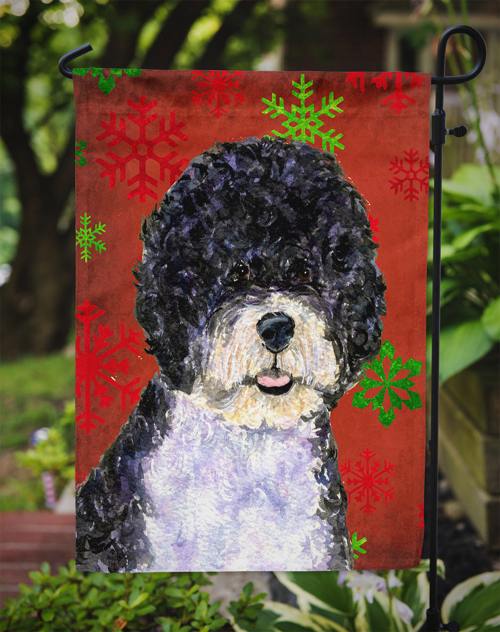 Portuguese Water Dog Red Green Snowflake Christmas Flag Garden Size