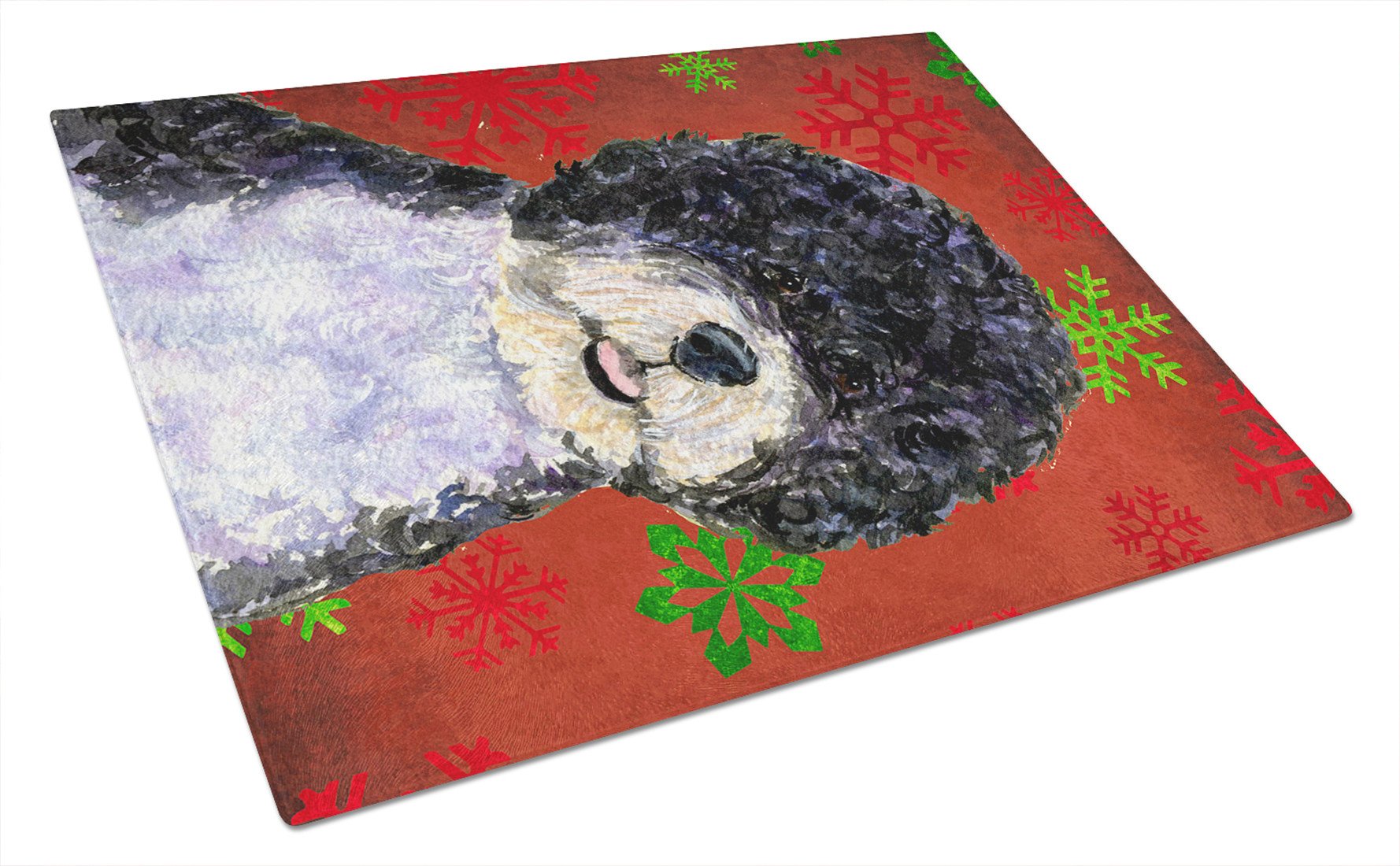 Portuguese Water Dog Red Green Snowflakes Christmas Glass Cutting Board Large by Caroline's Treasures