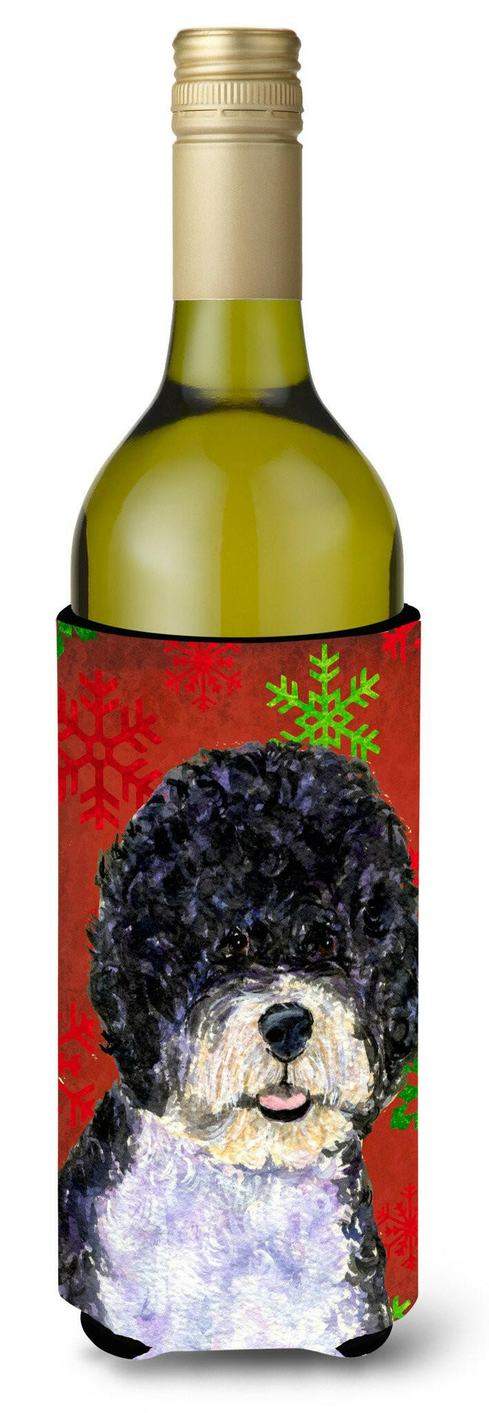 Portuguese Water Dog Red Green Snowflake Christmas Wine Bottle Beverage Insulator Beverage Insulator Hugger by Caroline&#39;s Treasures