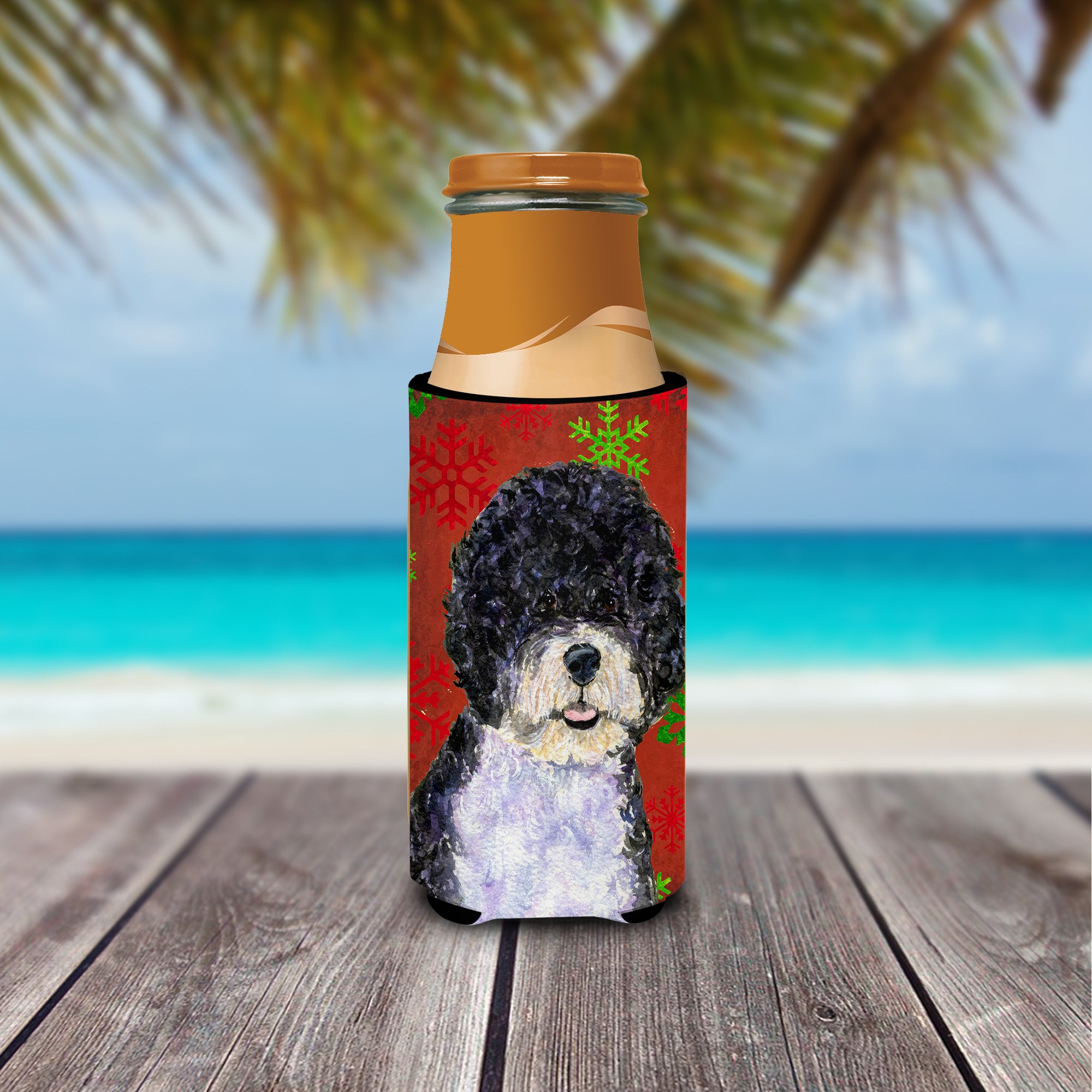 Portuguese Water Dog Red Green Snowflake Christmas Ultra Beverage Insulators for slim cans SS4697MUK.