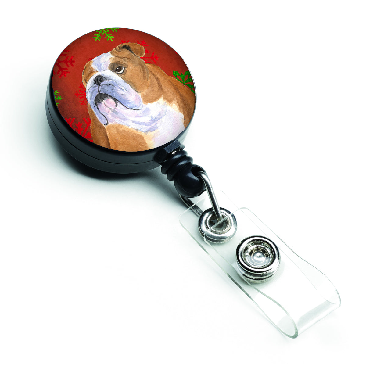 Bulldog English Red and Green Snowflakes Holiday Christmas Retractable Badge Reel SS4698BR  the-store.com.