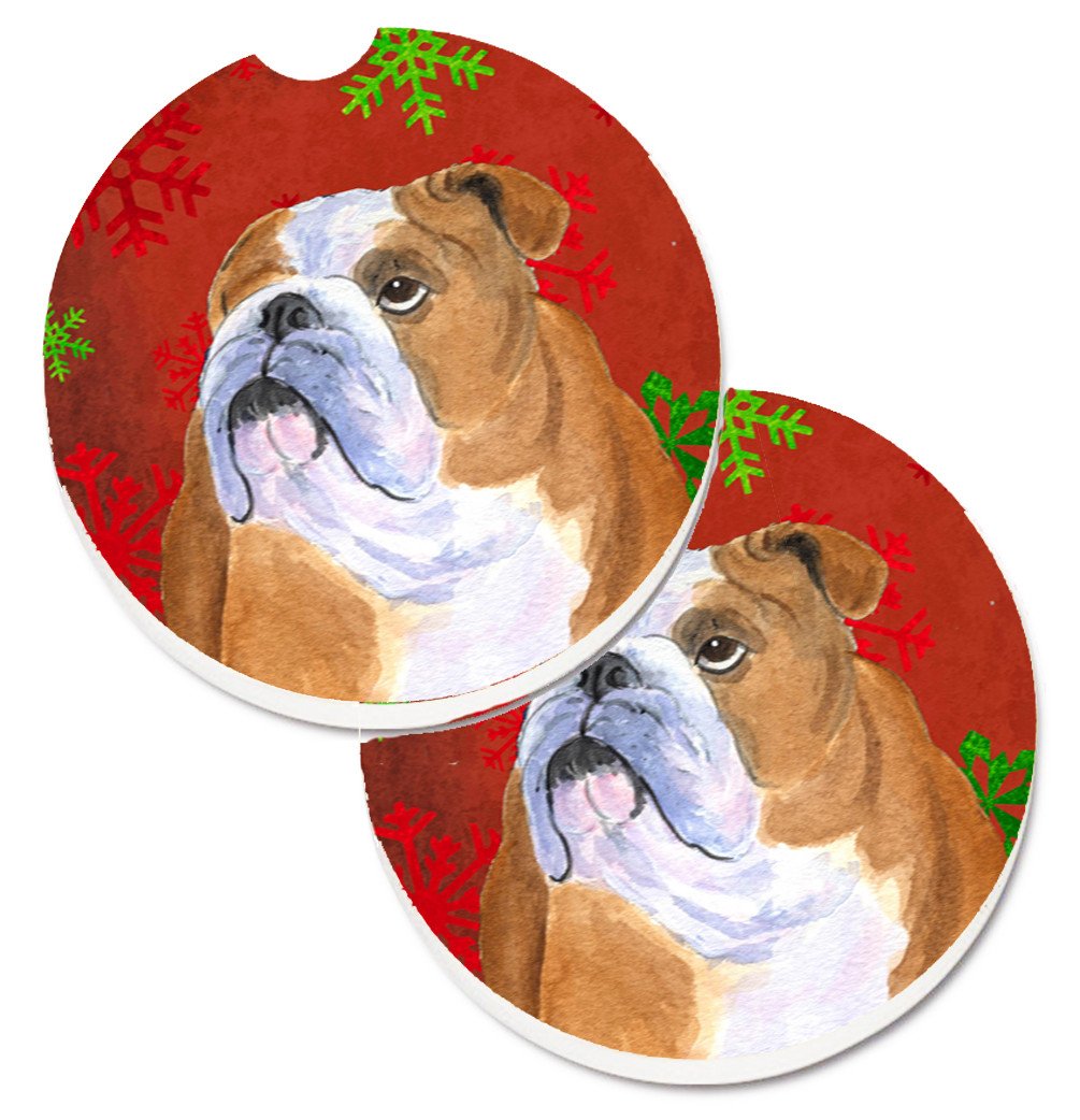 Bulldog English Red and Green Snowflakes Holiday Christmas Set of 2 Cup Holder Car Coasters SS4698CARC by Caroline&#39;s Treasures