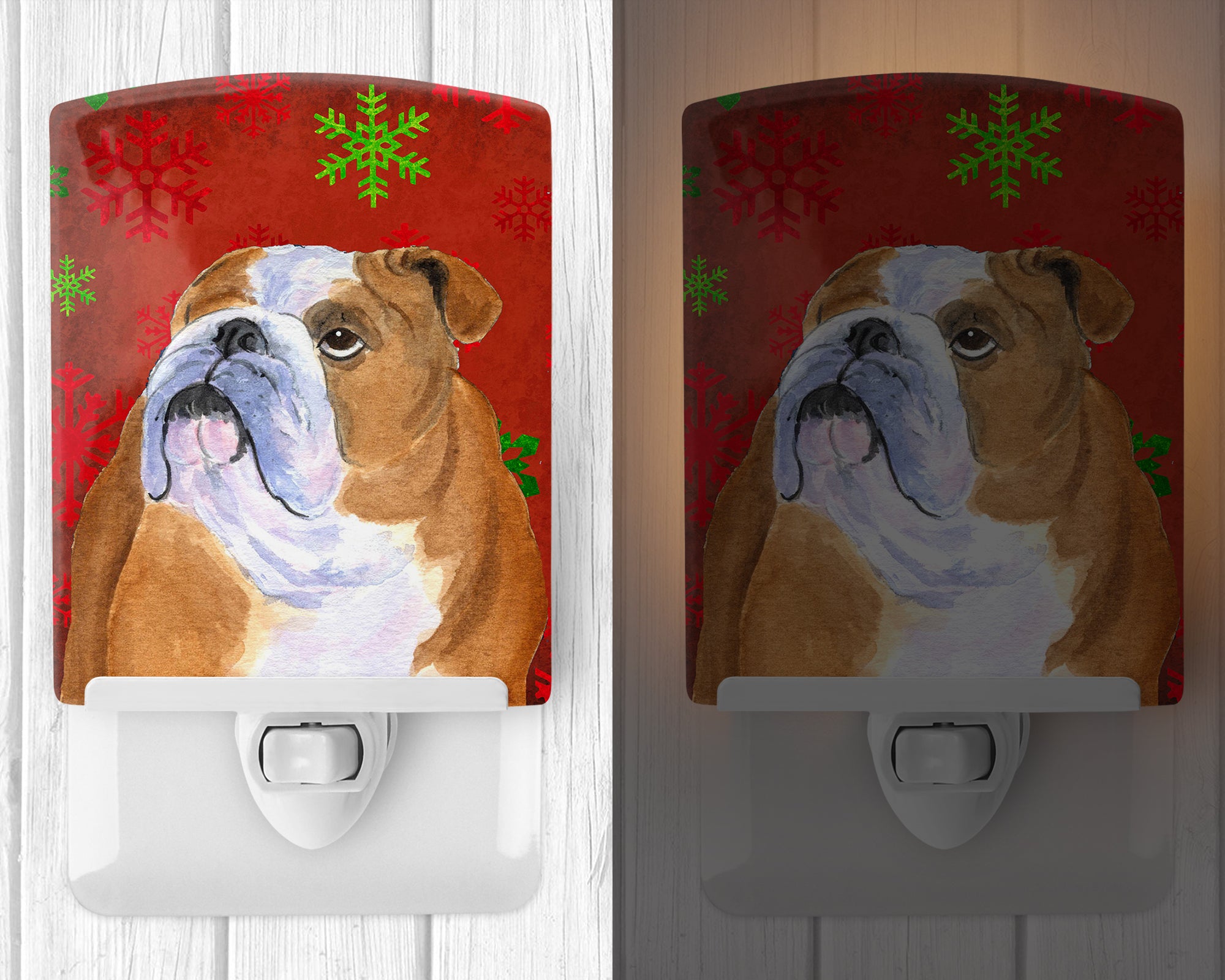 Bulldog English Red and Green Snowflakes Holiday Christmas Ceramic Night Light SS4698CNL - the-store.com