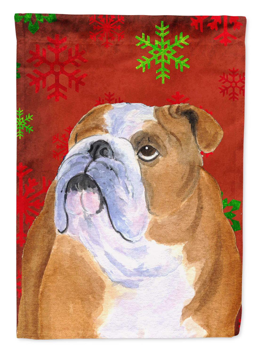 Bulldog anglais rouge et vert flocons de neige vacances drapeau de Noël taille de jardin