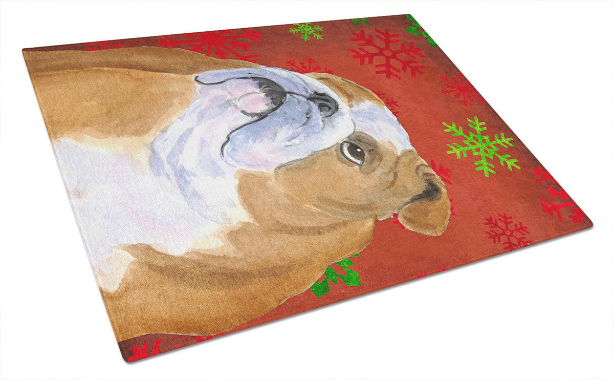 Bulldog English Red and Green Snowflakes Christmas Glass Cutting Board Large by Caroline&#39;s Treasures