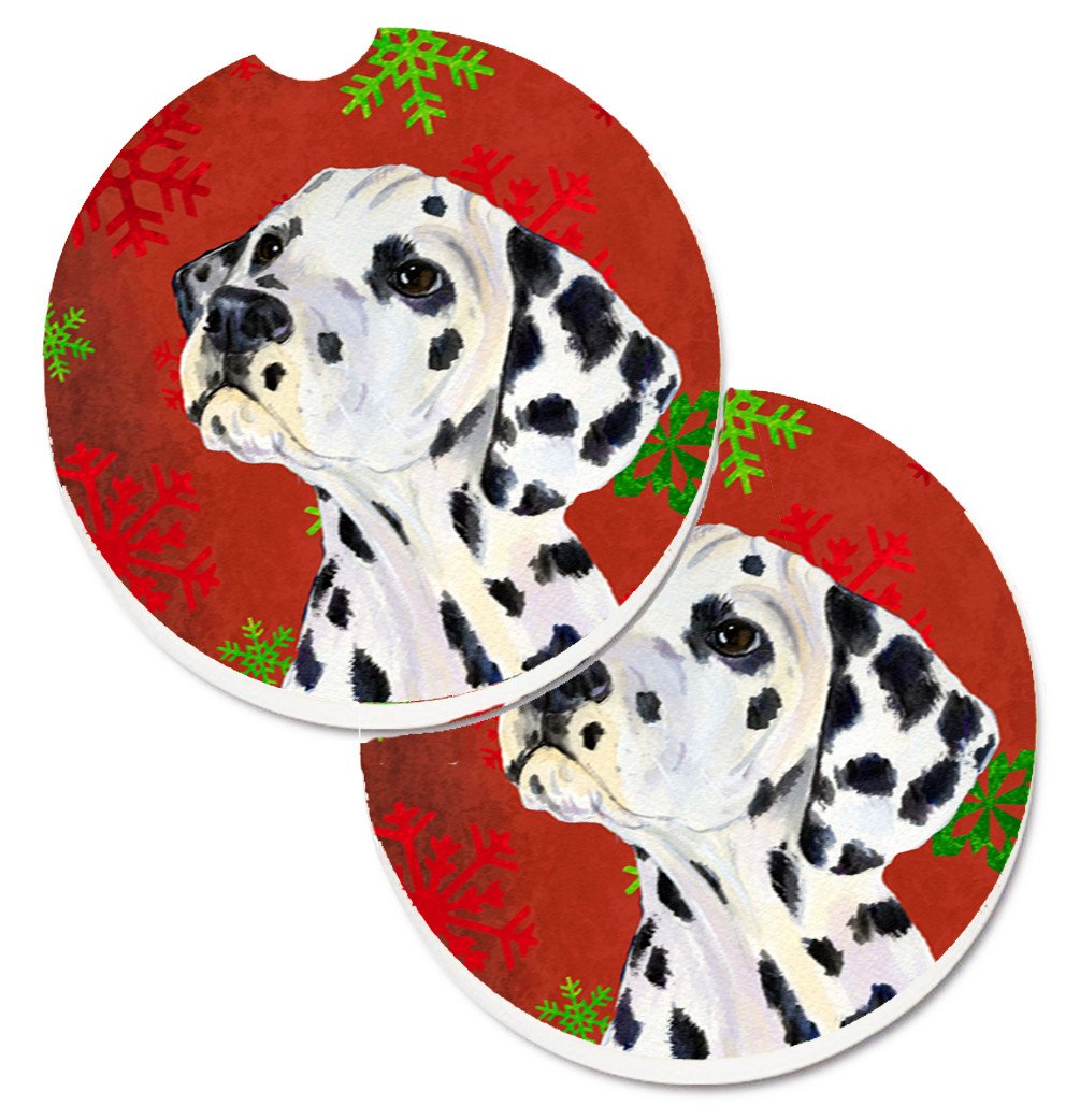 Dalmatian Red and Green Snowflakes Holiday Christmas Set of 2 Cup Holder Car Coasters SS4699CARC by Caroline&#39;s Treasures