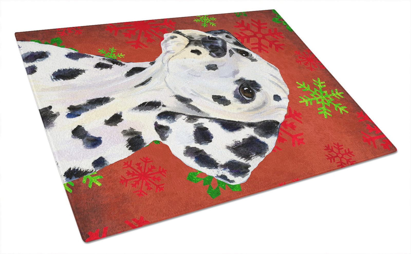 Dalmatian Red and Green Snowflakes Holiday Christmas Glass Cutting Board Large by Caroline's Treasures